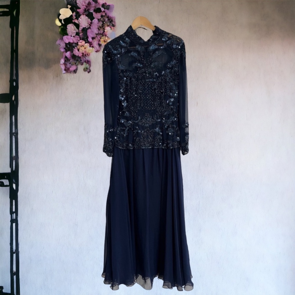 Ted Lepidus NAVY BLUE BEADED & SEQUIN DRESS GOWN 8